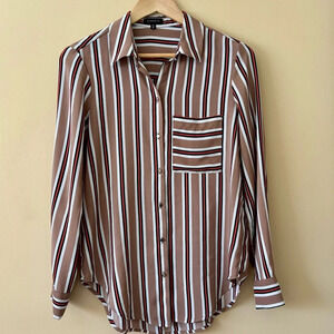 Dynamite| Classic Loose Tan Striped Oversized Flowy Collar & Button Shirt Sz S